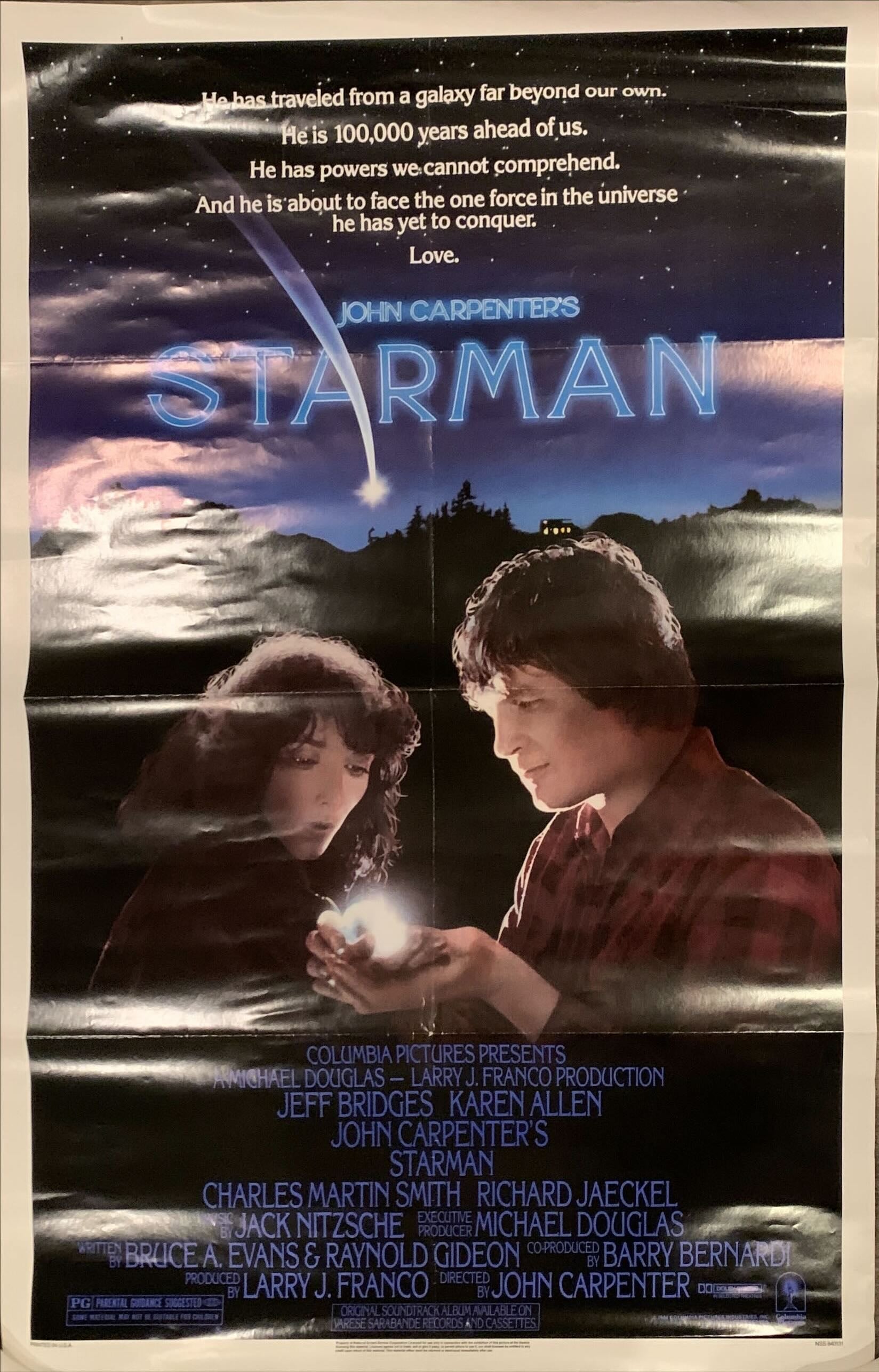 Starman, int'l 1sh 1984 John Carpenter, close-up portrait of alien Jeff Bridges & Karen Allen