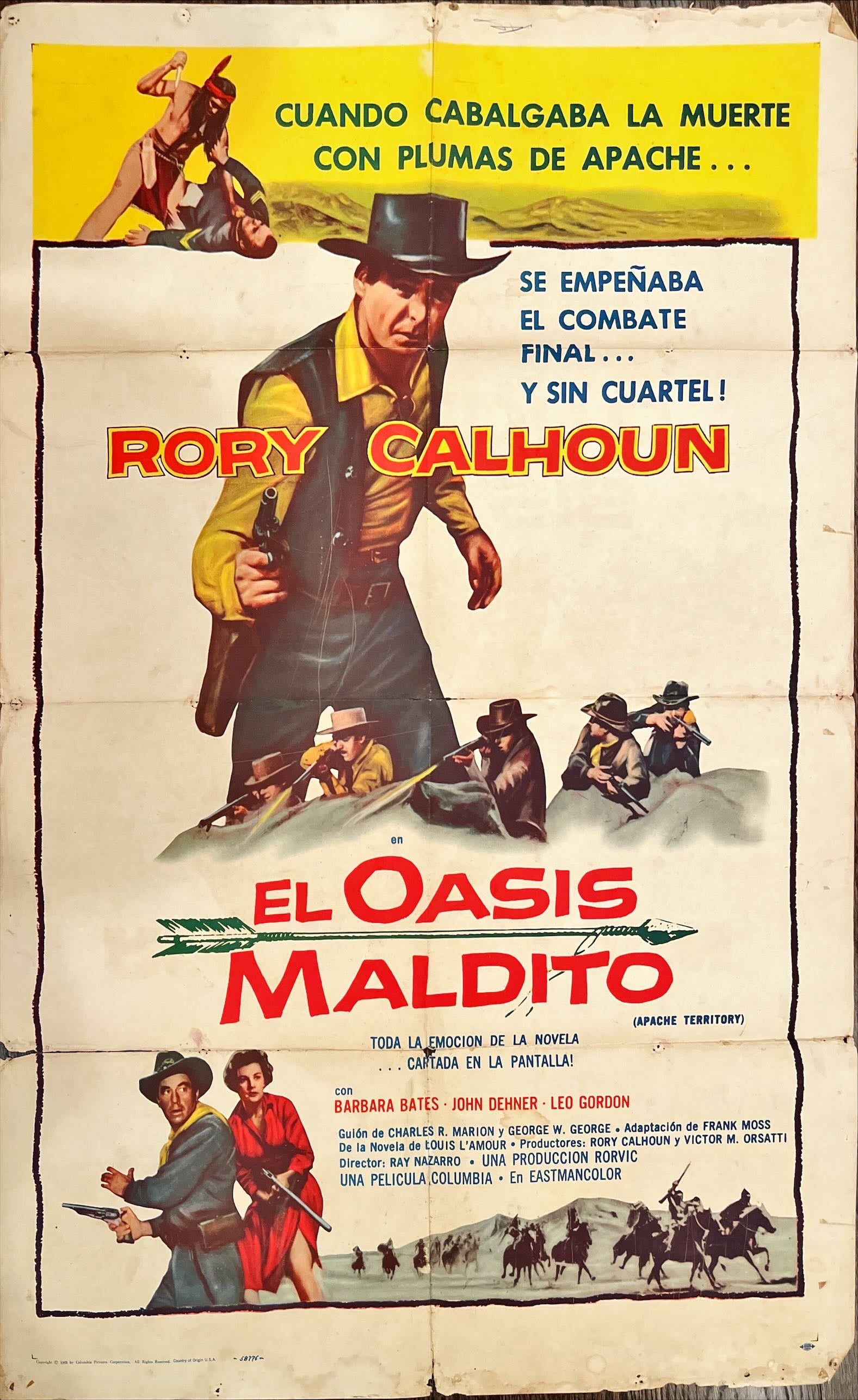 Apache territory, Spanish movie poster, one-sheet '58 Rory Calhoun w/ pistol drawn, from Louis L'Amour's novel!