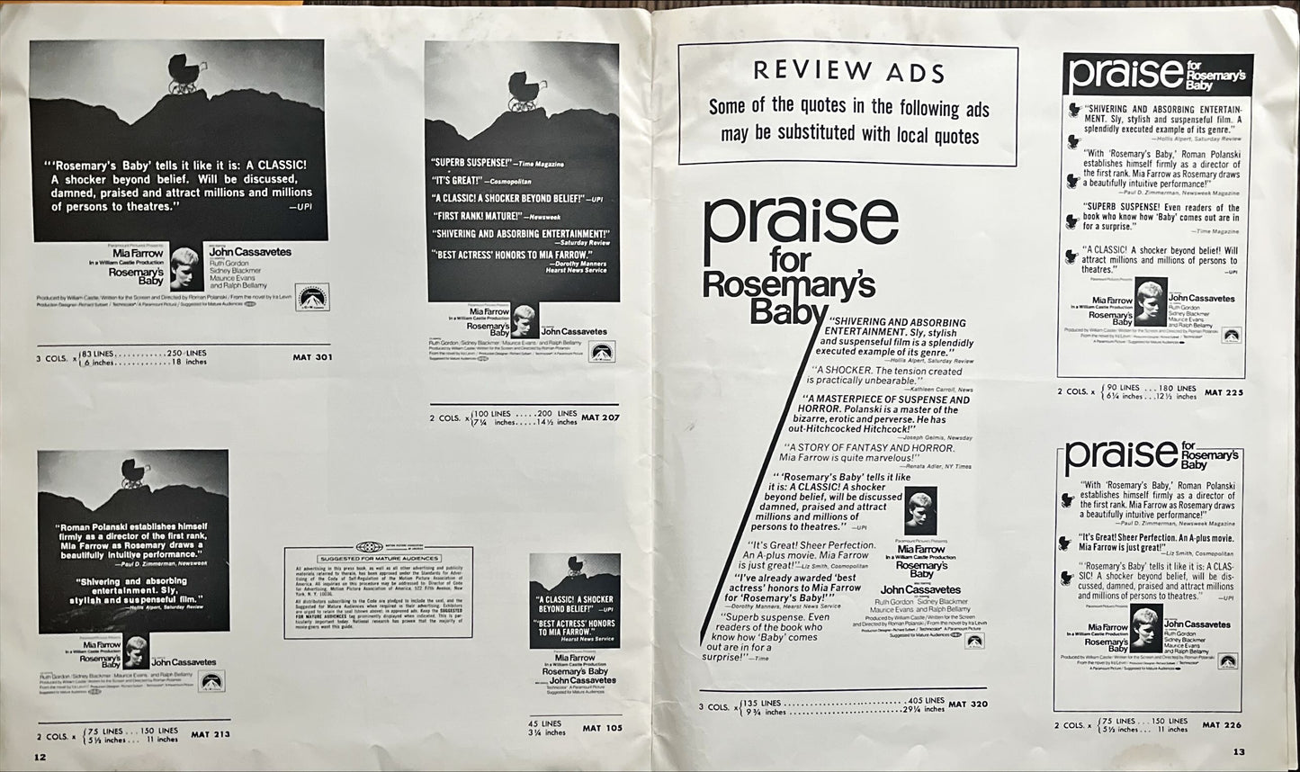 Rosemary‘s baby press book, pressbook 1968 Roman Polanski, Mia Farrow, creepy baby carriage horror image