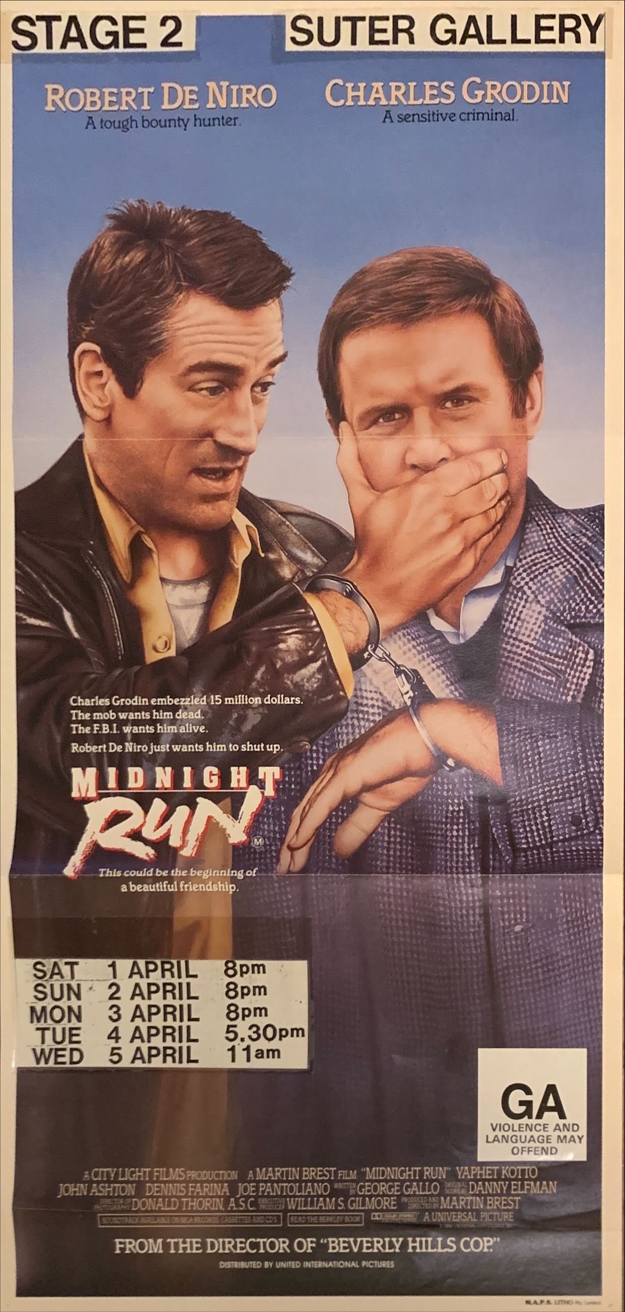Midnight Run, Aust daybill '88 Robert De Niro with Charles Grodin who stole $15 million