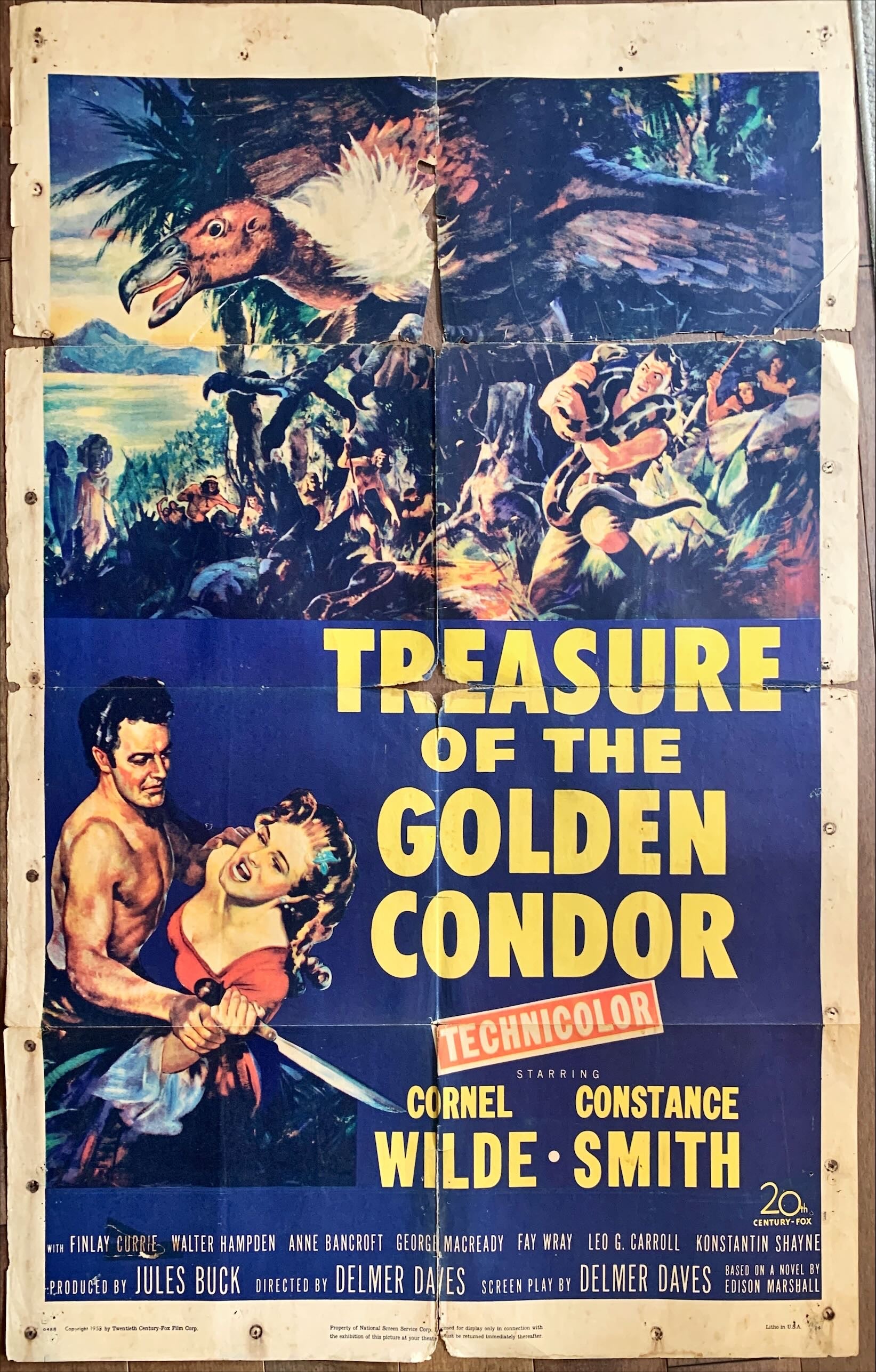 Treasure of the golden condor, 1sh 1953 art of Cornel Wilde grabbing girl & attacked by snake