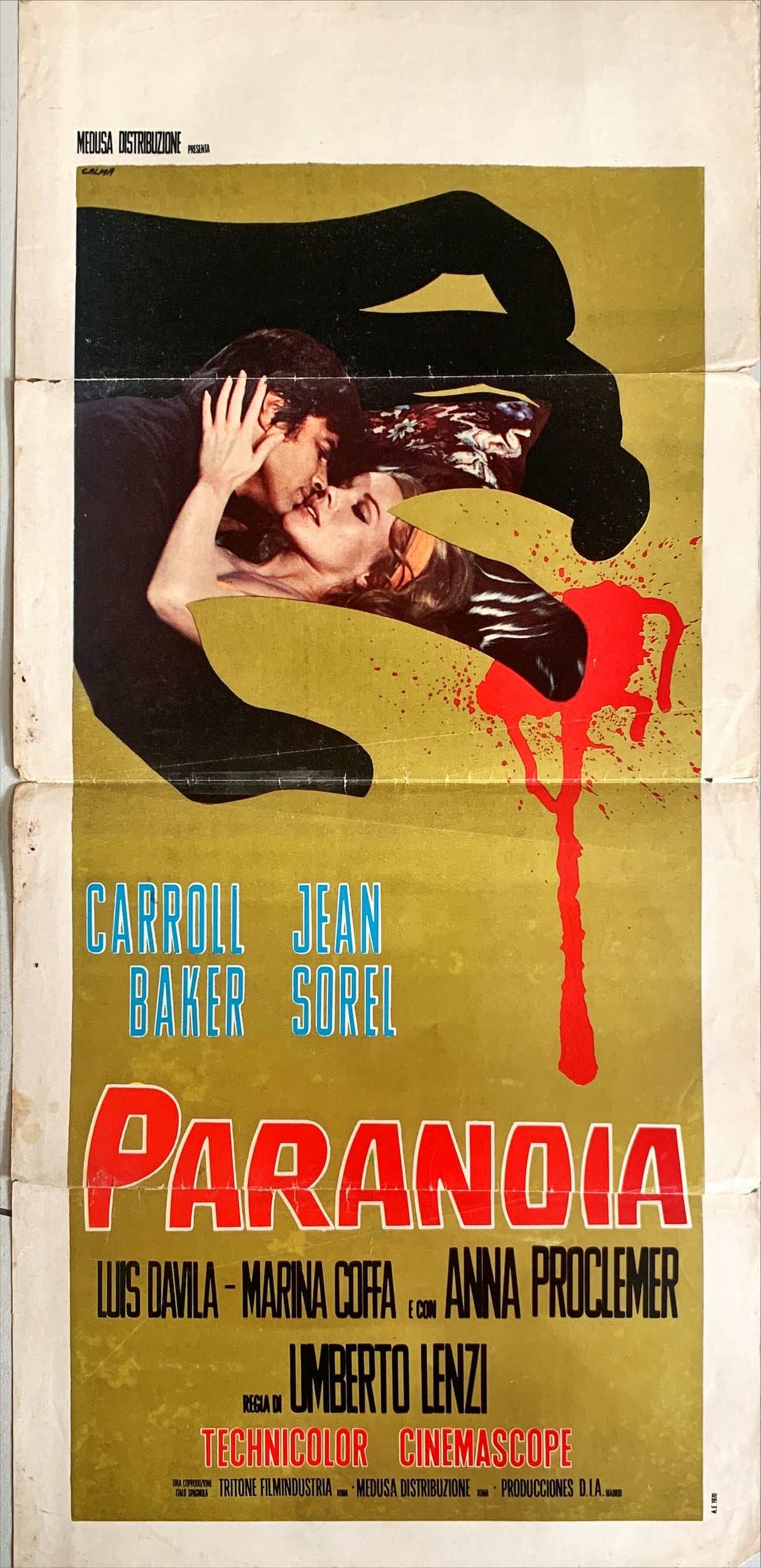 Paranoia, Italian Locandina '70 Calma art of hand silhouette with blood