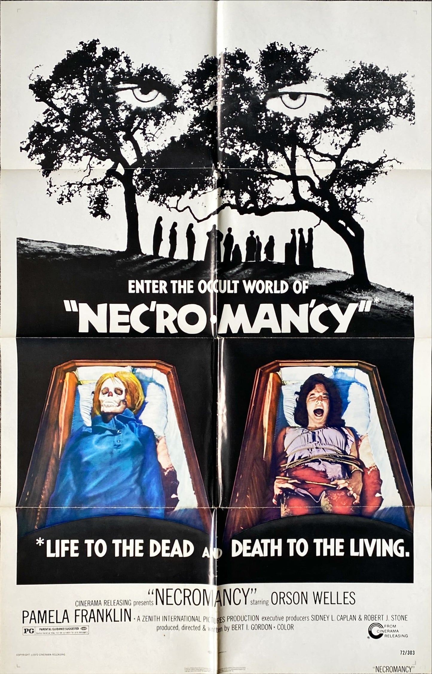 Necromancy, 1sh 1972 Orson Welles, occult horror, art of girl & skeleton in coffins