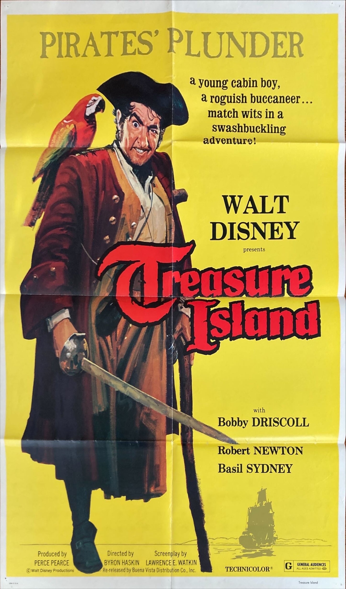 Treasure Island R1975 Original Movie Poster, Bobby Driscoll, Disney classic