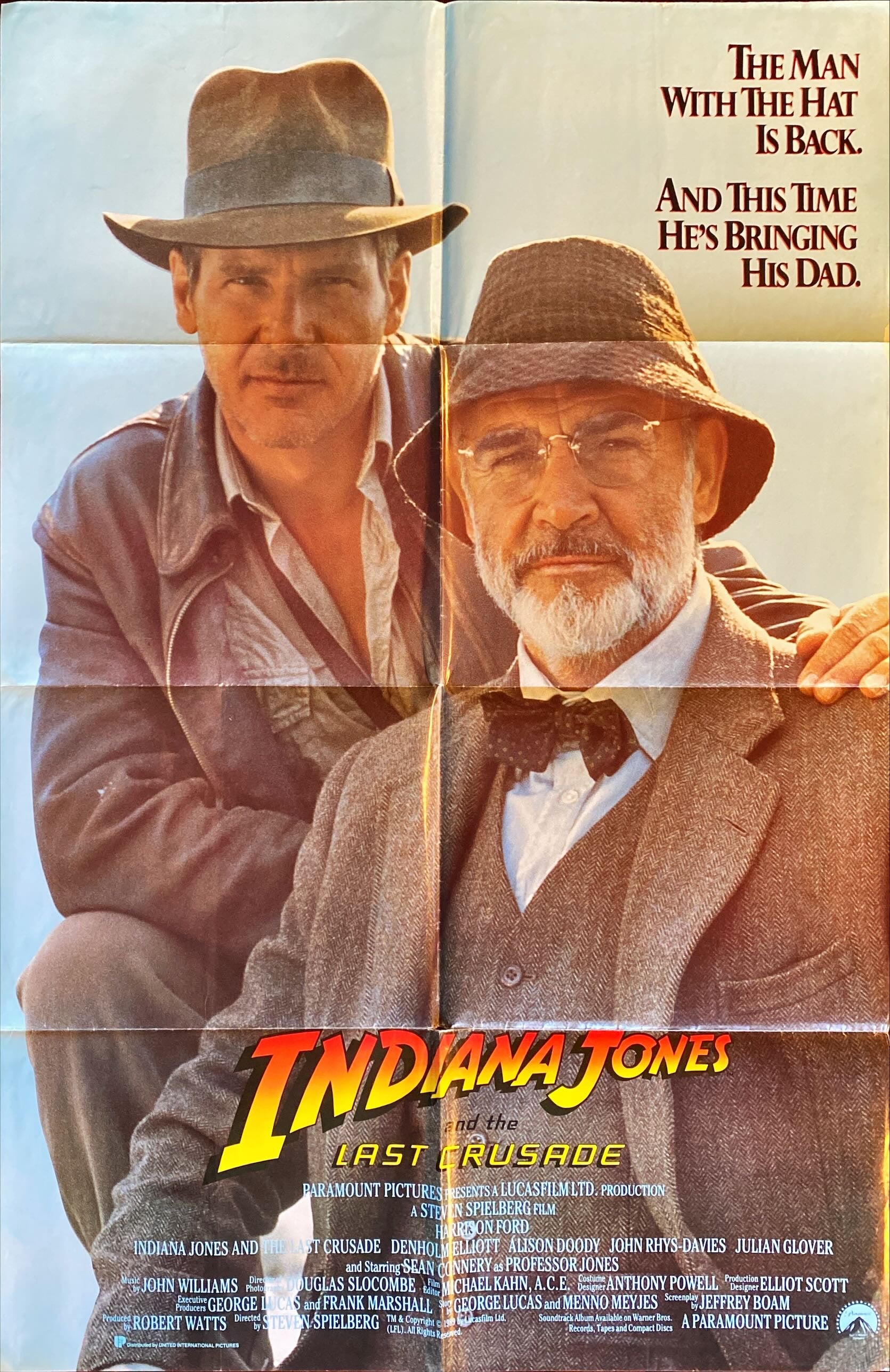 946 INDIANA JONES & THE LAST CRUSADE int'l 1sh 1989 Ford & Connery over blue background!