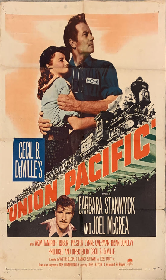 Union Pacific 1sh R1958 Cecil B. DeMille, Barbara Stanwyck, Joel McCrea & cool train art