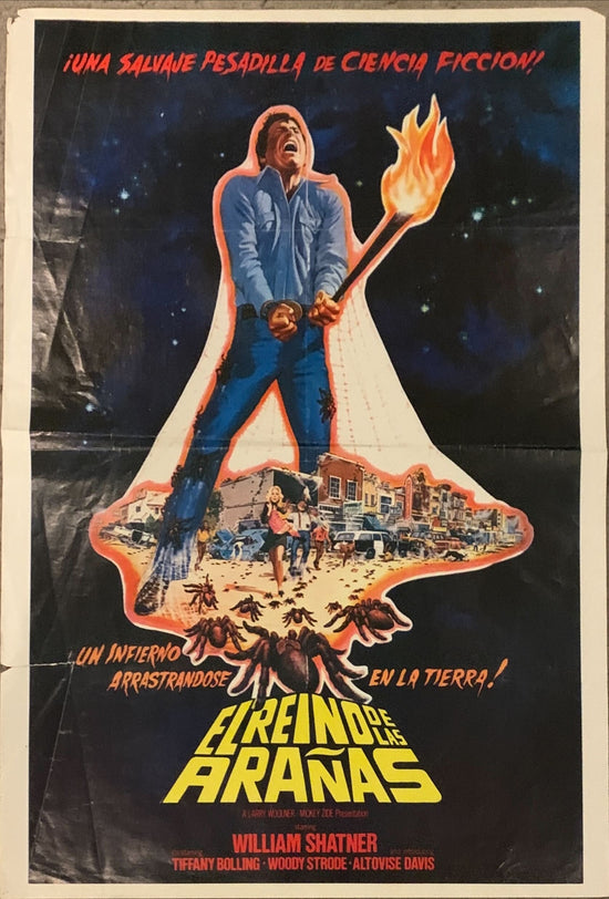 The Kingdom of the Spiders, Mexican Poster,artwork of screaming William Shatner surrounded by spiders