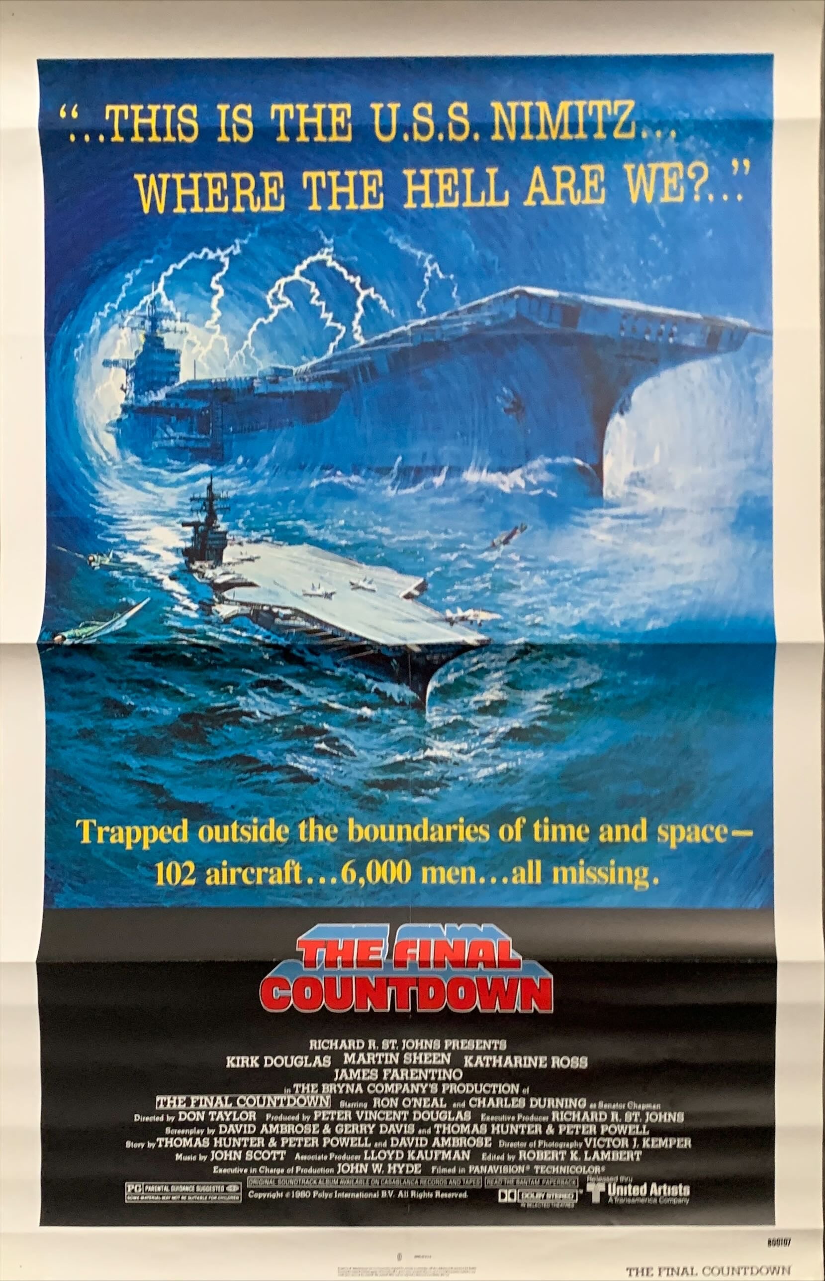 Final Countdown, 1sh 1980 cool sci-fi artwork of the U.S.S. Nimitz aircraft carrier