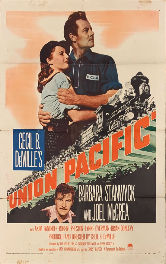 Union Pacific 1sh R1958 Cecil B. DeMille, Barbara Stanwyck, Joel McCrea & cool train art