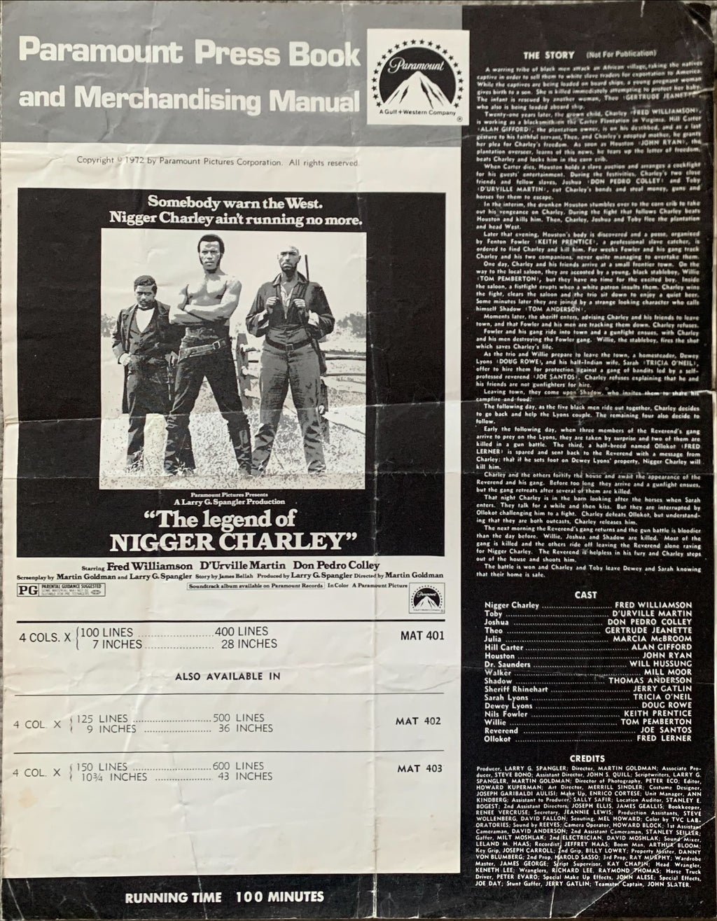 The Legend of N***** Charley pressbook '72 slave to outlaw Fred Williamson ain't running no more