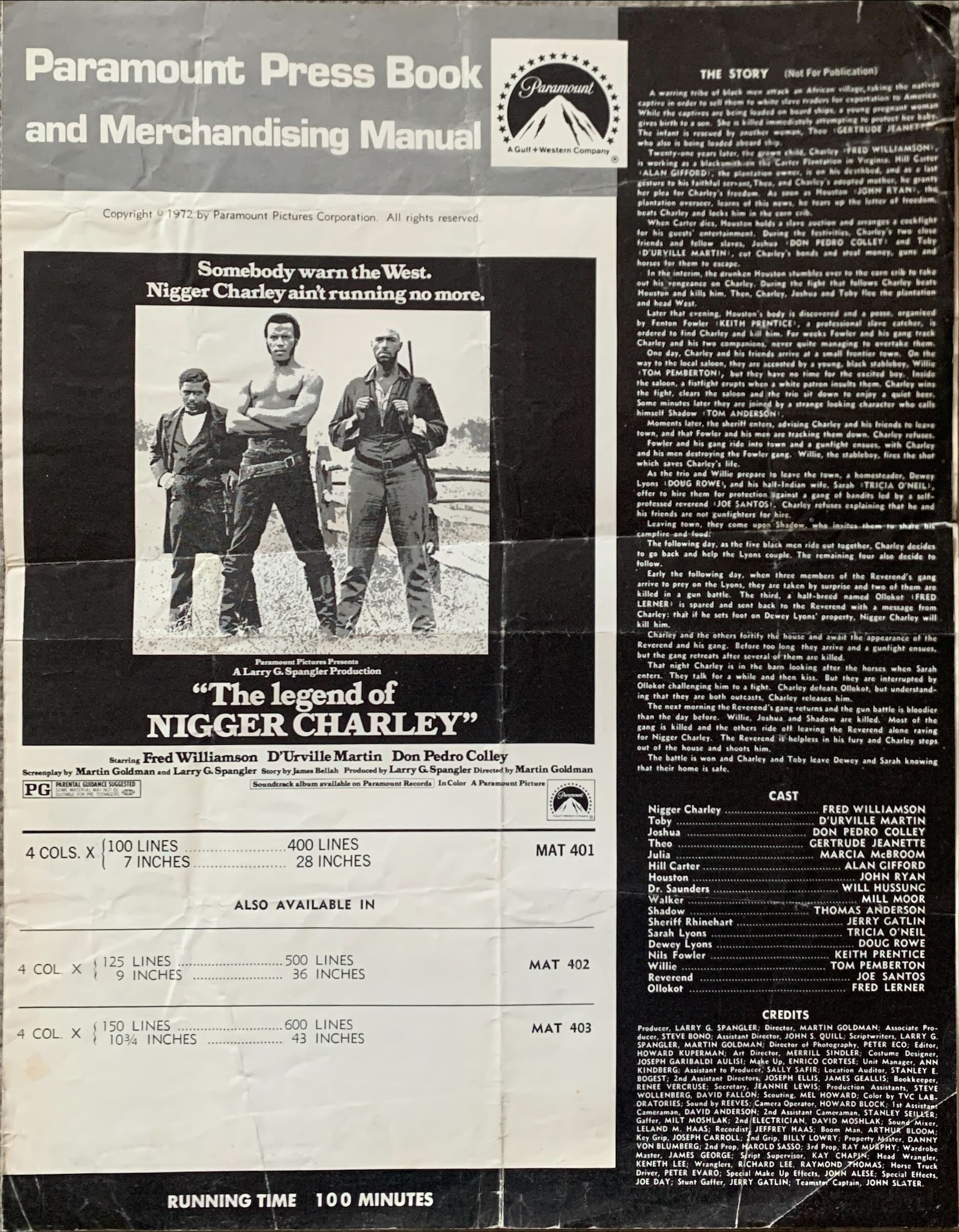 The Legend of N***** Charley pressbook '72 slave to outlaw Fred Williamson ain't running no more