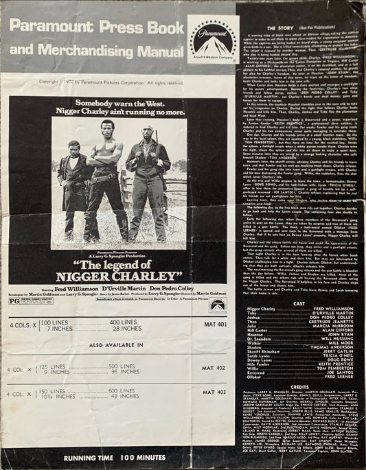 The Legend of N***** Charley pressbook '72 slave to outlaw Fred Williamson ain't running no more