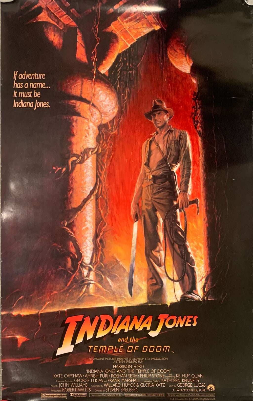 Indiana Jones and the Temple of Doom 1sh 1984 adventure is Harrison Ford's name, Wolfe art