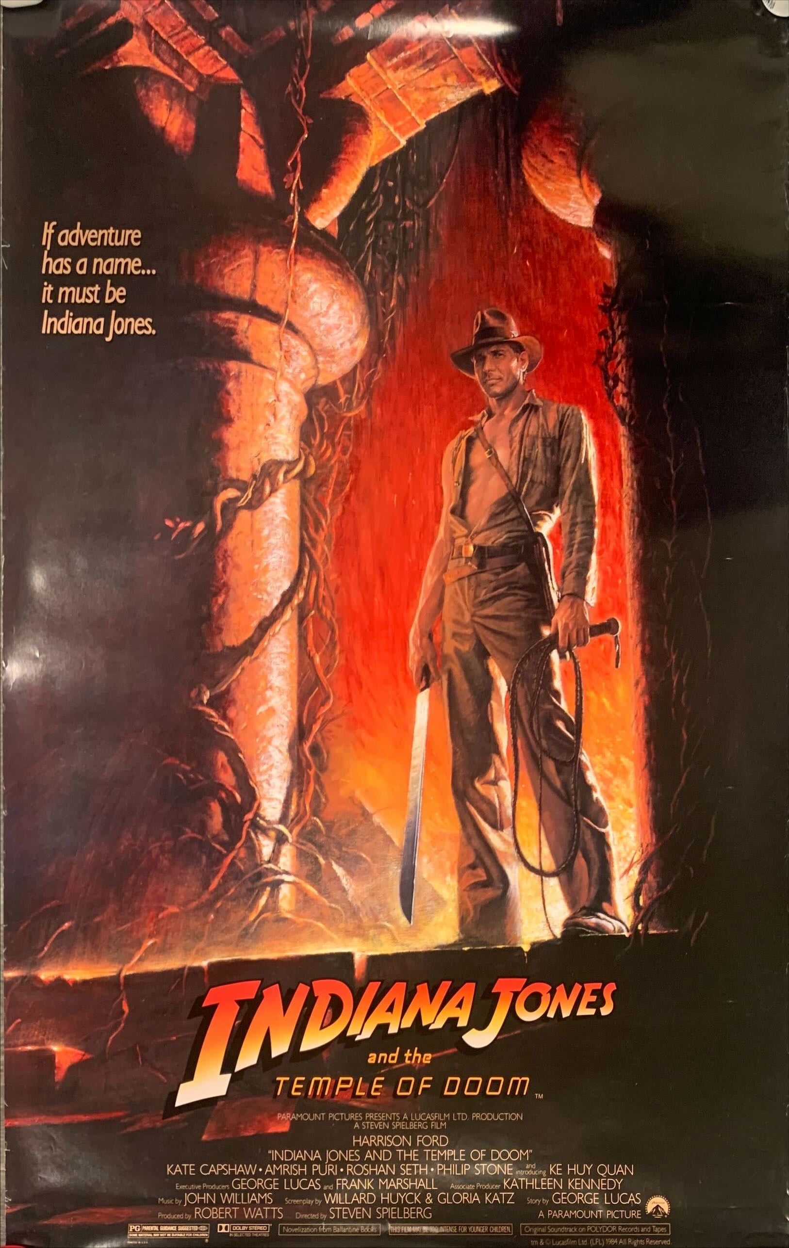 Indiana Jones and the Temple of Doom 1sh 1984 adventure is Harrison Ford's name, Wolfe art