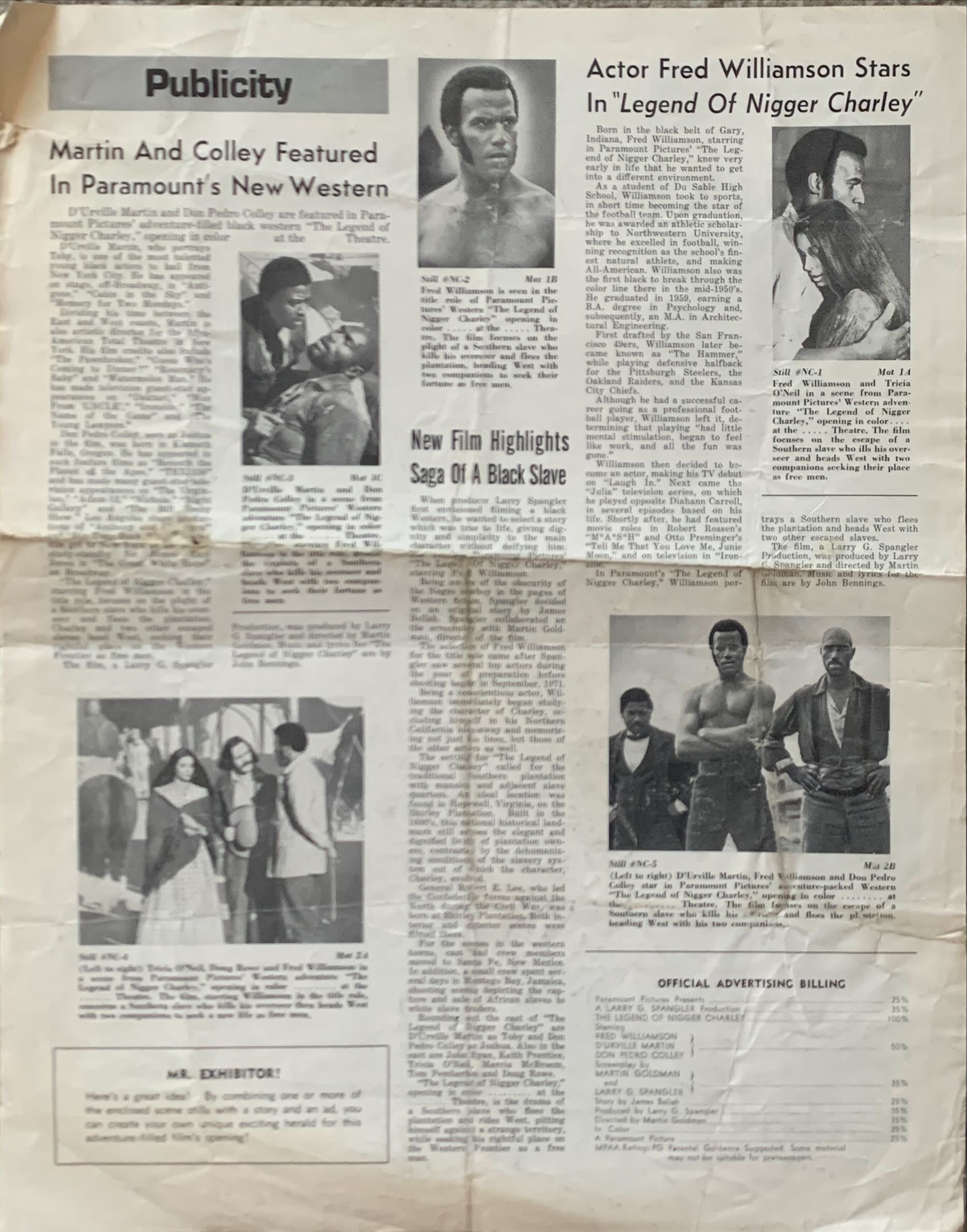The Legend of N***** Charley pressbook '72 slave to outlaw Fred Williamson ain't running no more
