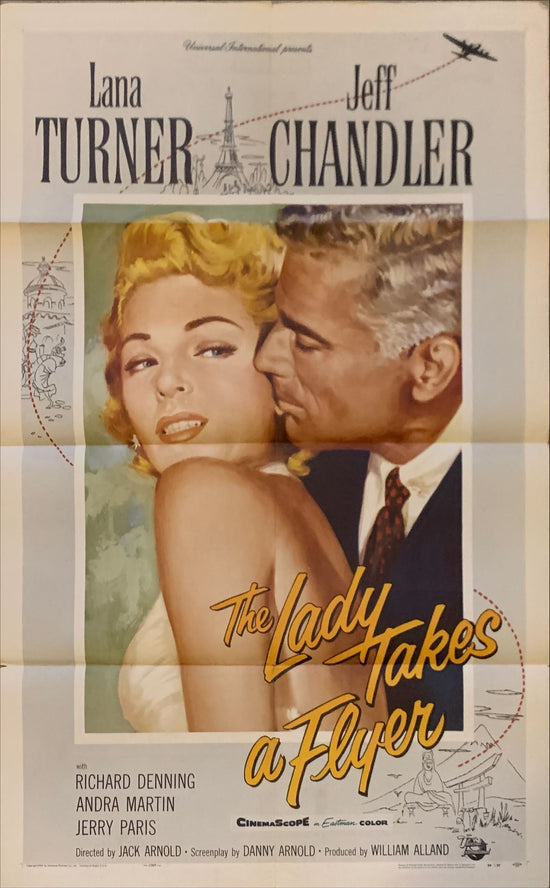 The Lady takes a Flyer, 1sh 1958 close up art of Jeff Chandler nuzzling sexiest Lana Turner