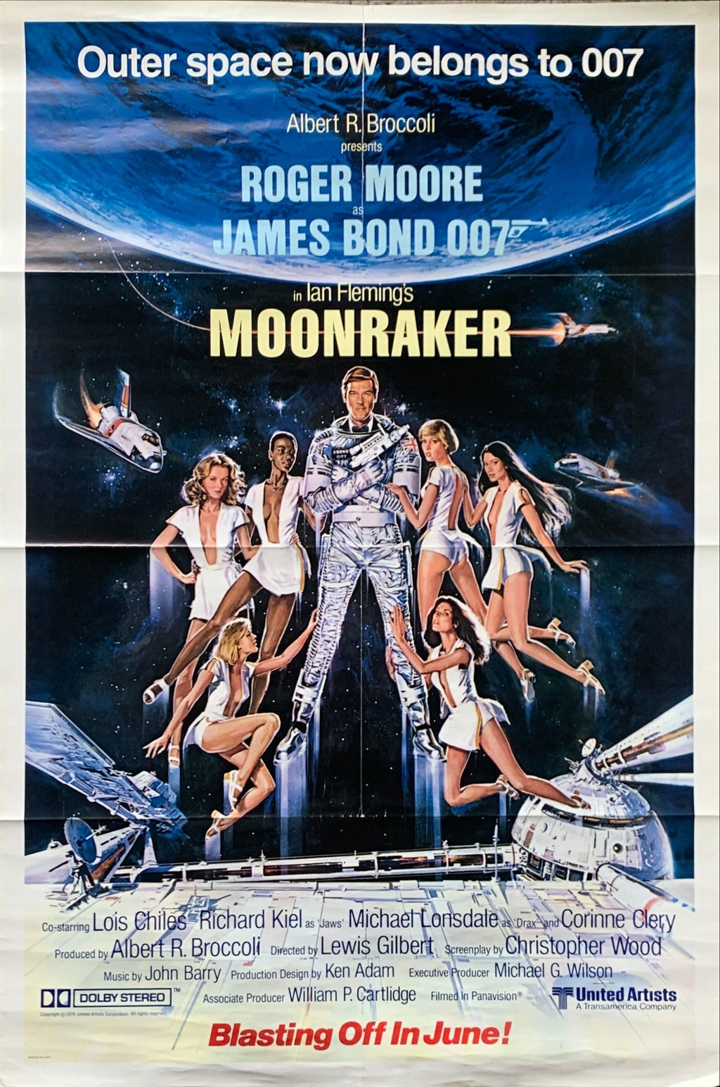 Moonraker, style B int'l teaser 1sh 1979 Goozee art of Moore as James Bond & sexy girls