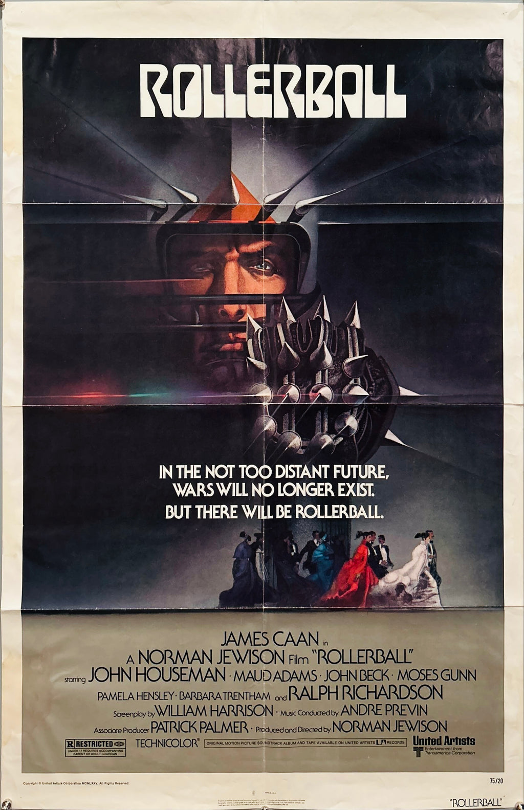Rollerball 1sh 1975 James Caan in a future where war does not exist, Bob Peak art