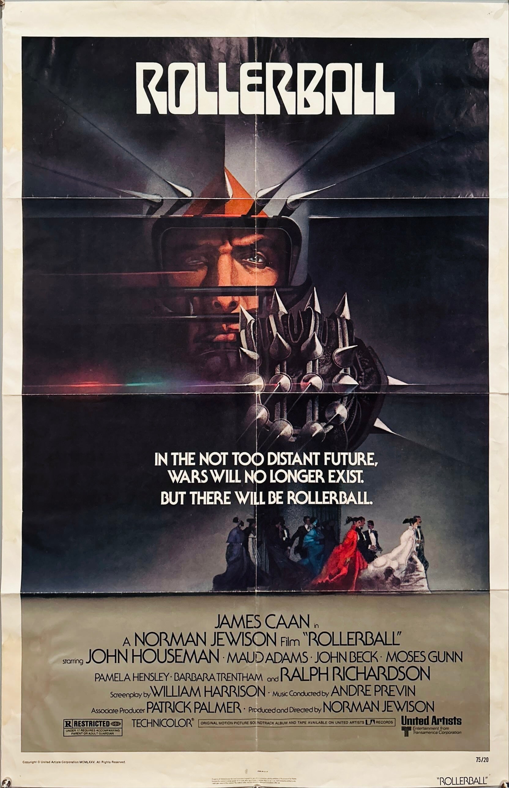 Rollerball 1sh 1975 James Caan in a future where war does not exist, Bob Peak art
