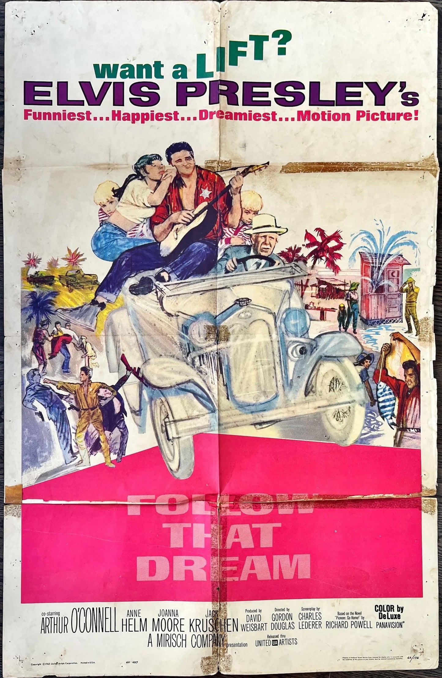 Follow that dream 1sh 1962 great art of Elvis Presley playing guitar in car with girl