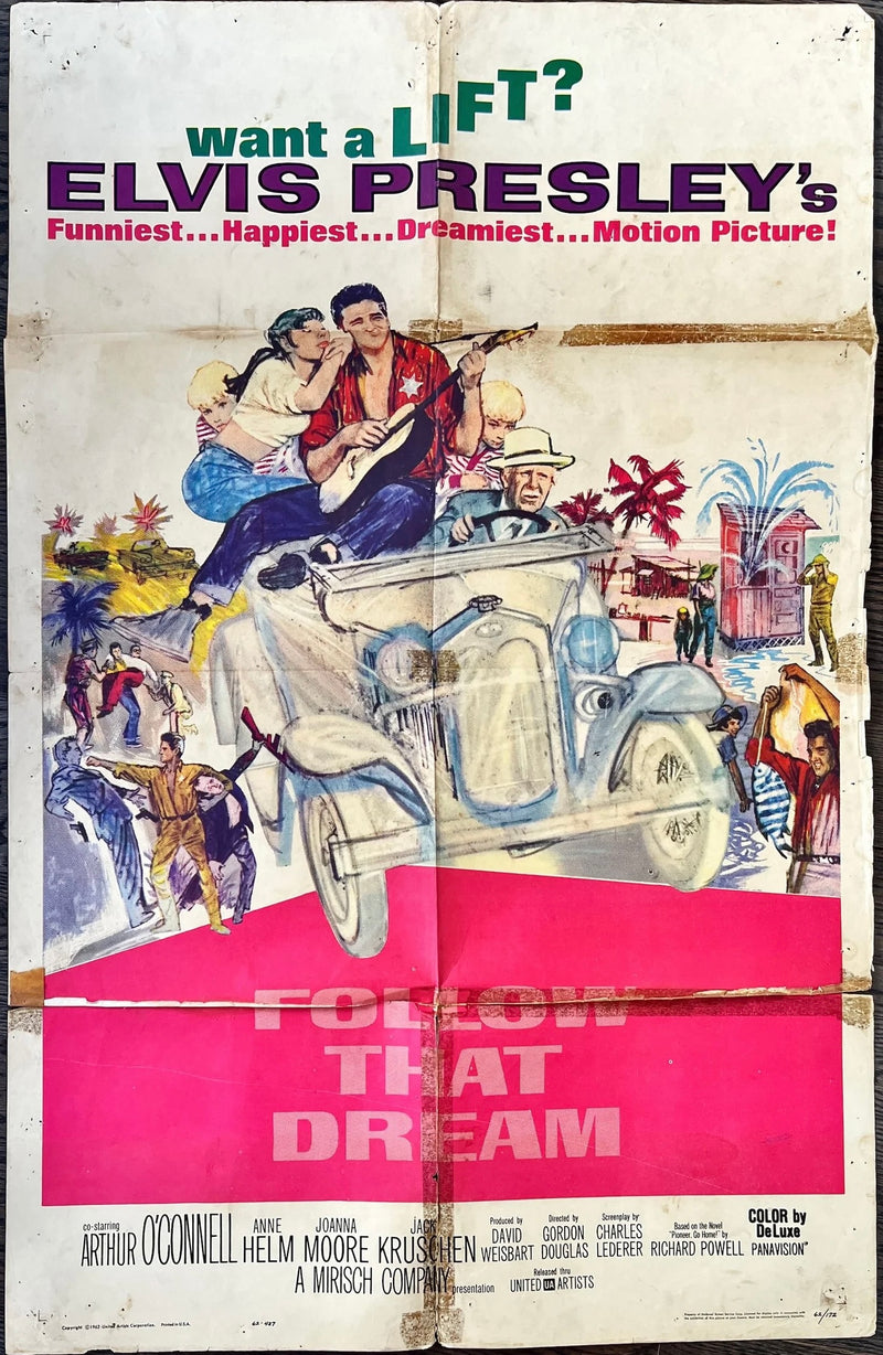 Follow that dream 1sh 1962 great art of Elvis Presley playing guitar in car with girl