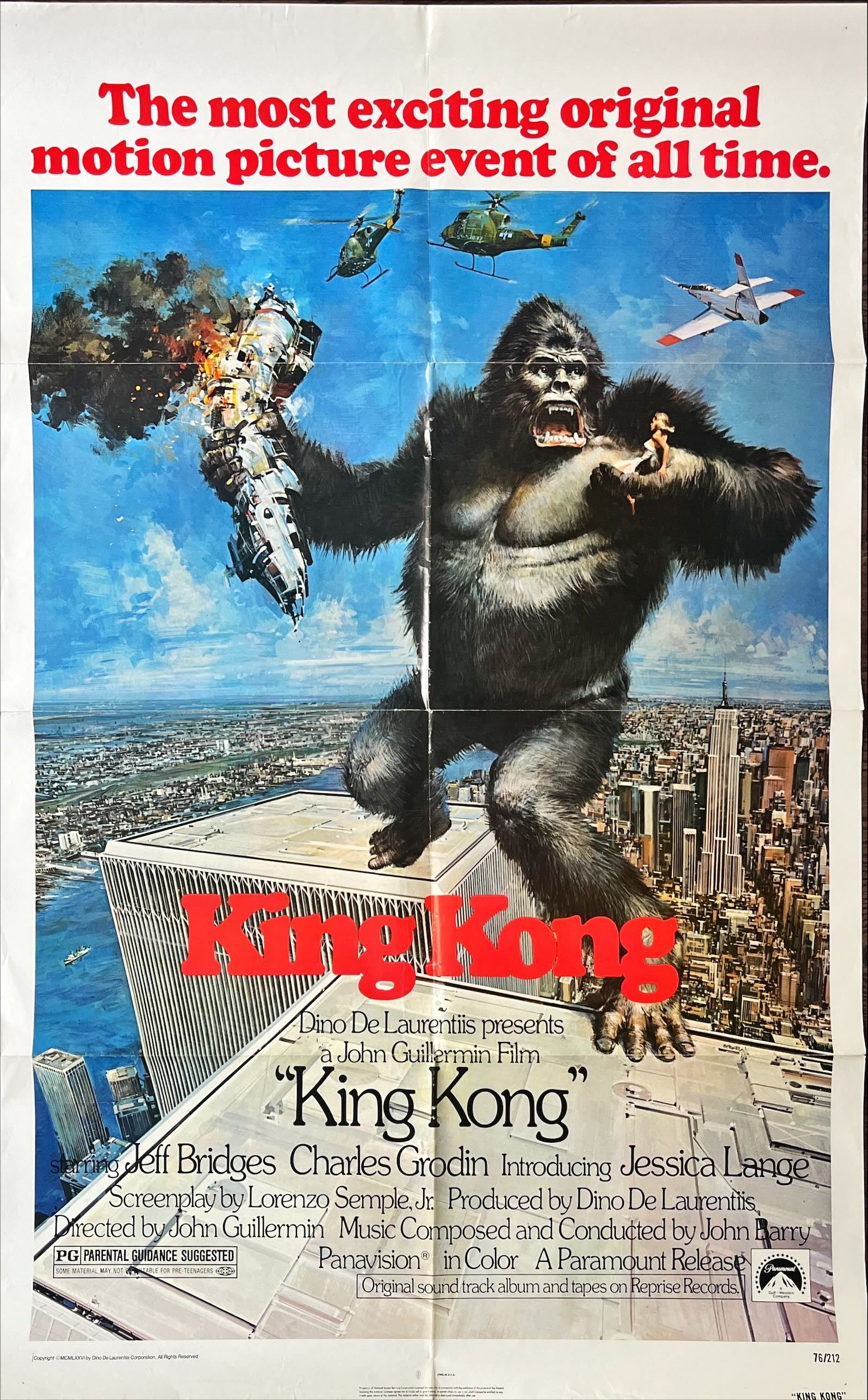 King Kong ￼ 1sh 1976 Bridges, sexy Jessica Lange & BIG Ape, John Berkey art