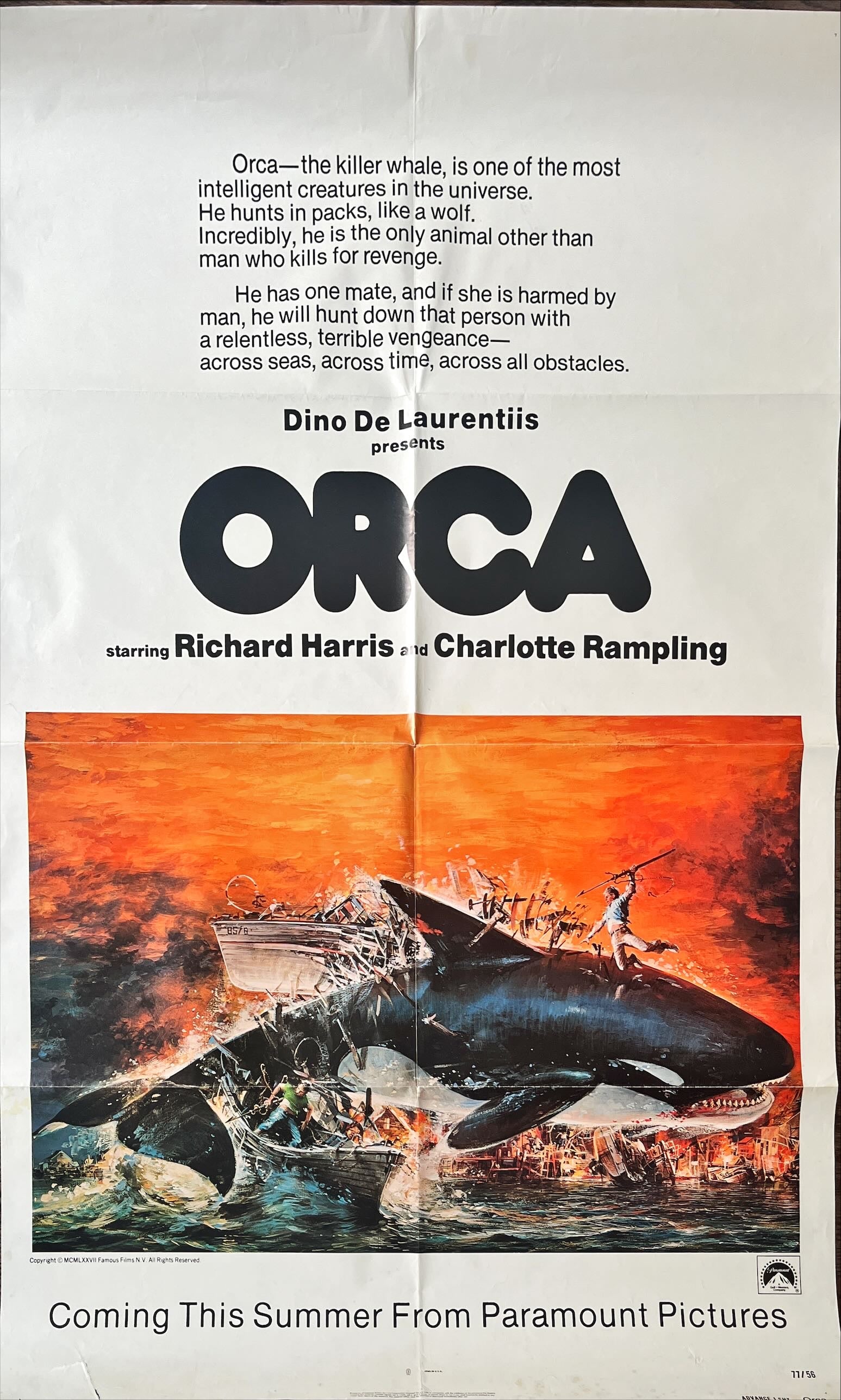 Orca the killer whale advance 1sh 1977 artwork of attacking Killer Whale by John Berkey, it kills for revenge