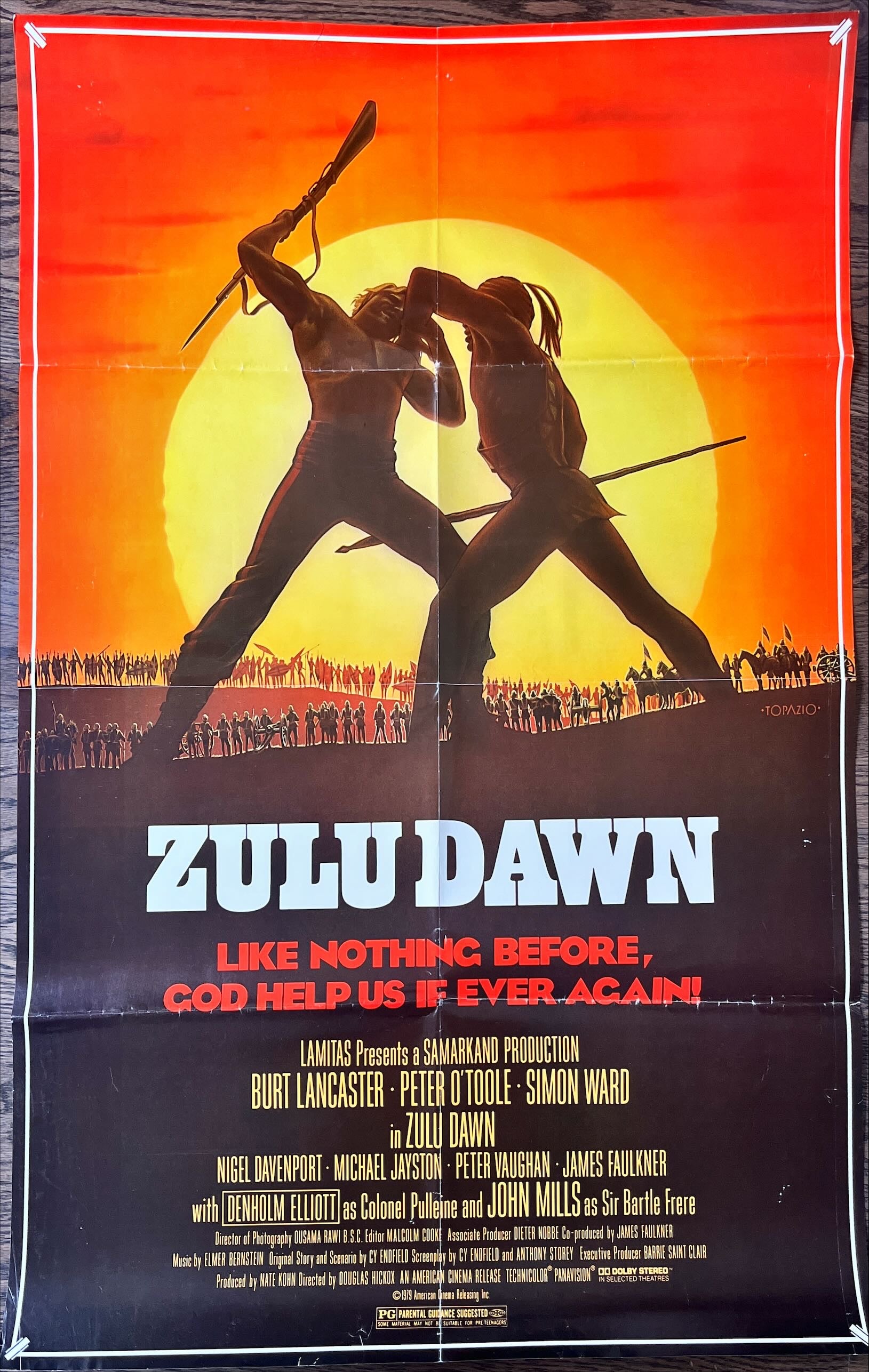 Zulu, Dawn 26x39 1sh 1979 Burt Lancaster, Peter O'Toole, African adventure, Topazio artwork!