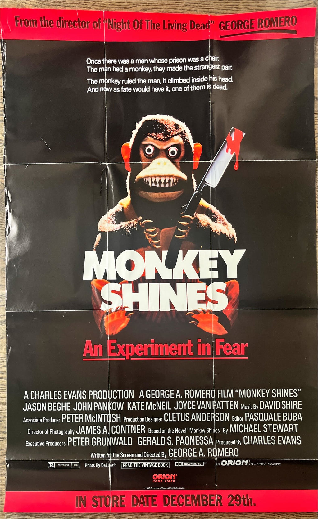 Monkeyshines advance video one-sheet movie poster '88 Beghe, Pankow
