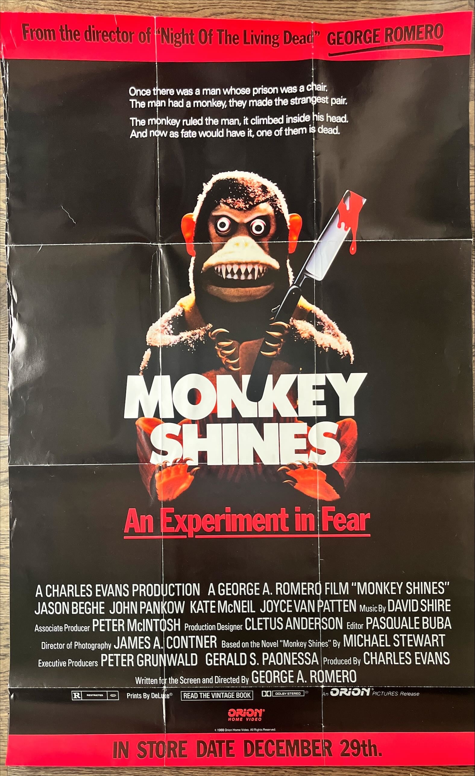 Monkeyshines advance video one-sheet movie poster '88 Beghe, Pankow