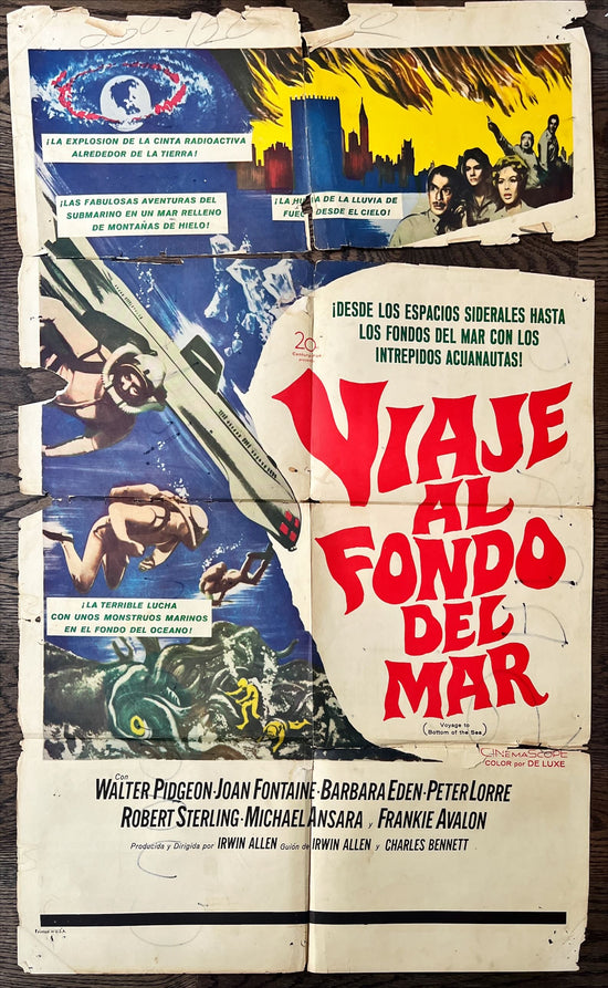 Voyage to the bottom of the sea, Spanish 1sh 1961 fantasy sci-fi art of scuba divers & monster