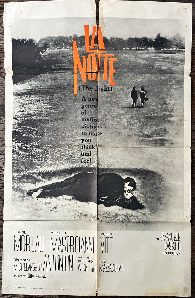 La Notte, int'l 1sh 1961 Michelangelo Antonioni, Jeanne Moreau, Marcello Mastroianni