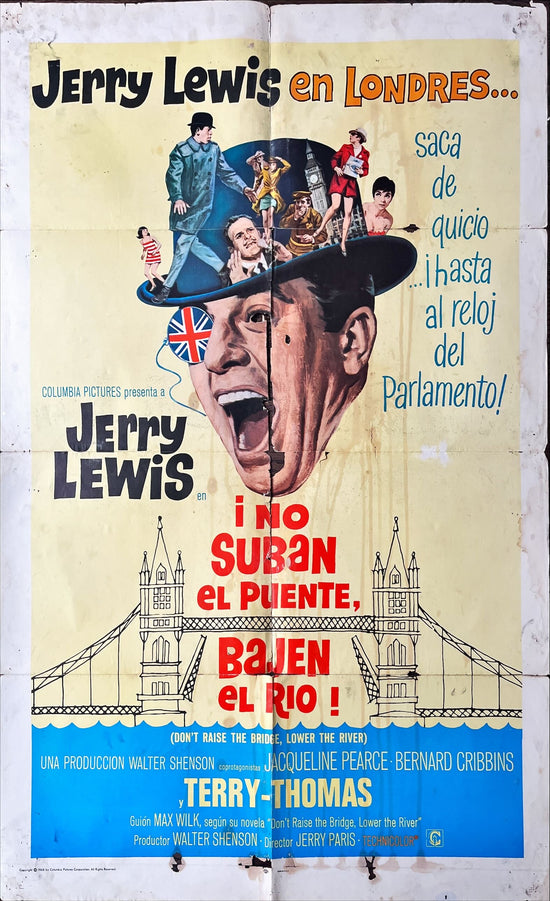 Don’t raise the bridge lower the river, Spanish original poster 1sh 1968 wacky art of Jerry Lewis in London