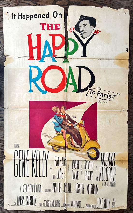 The happy Road, 1sh 1957 romantic art of Gene Kelly & Barbara Laage riding on Vespa