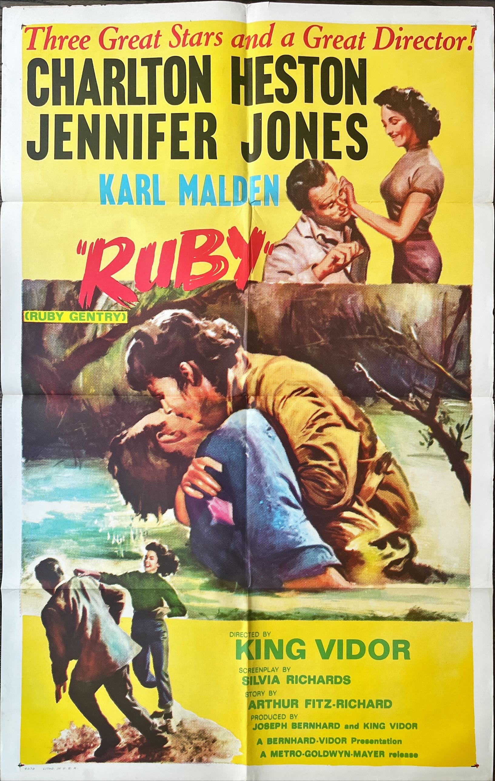 Ruby 1sh R60s artwork of super sleazy bad girl Jennifer Jones holding Heston