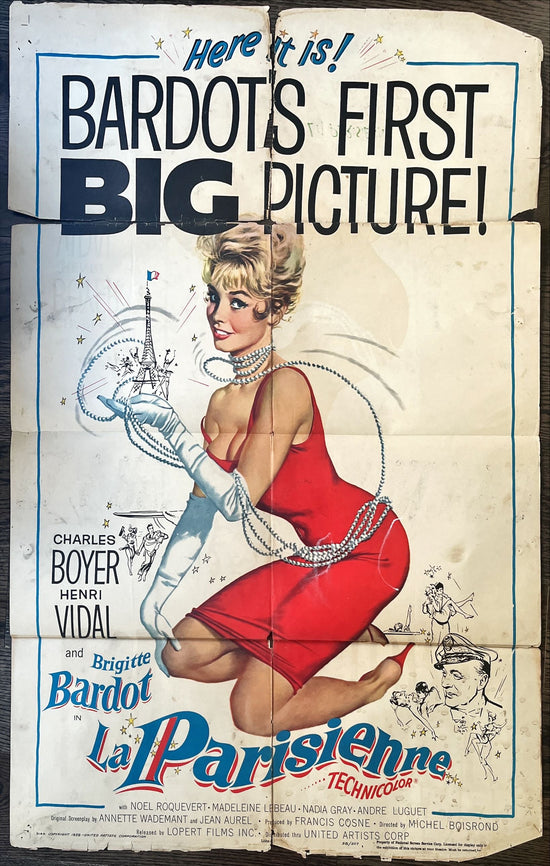 Le Parisienne, 1sh 1958 art of sexy Brigitte Bardot in red dress, her first big picture