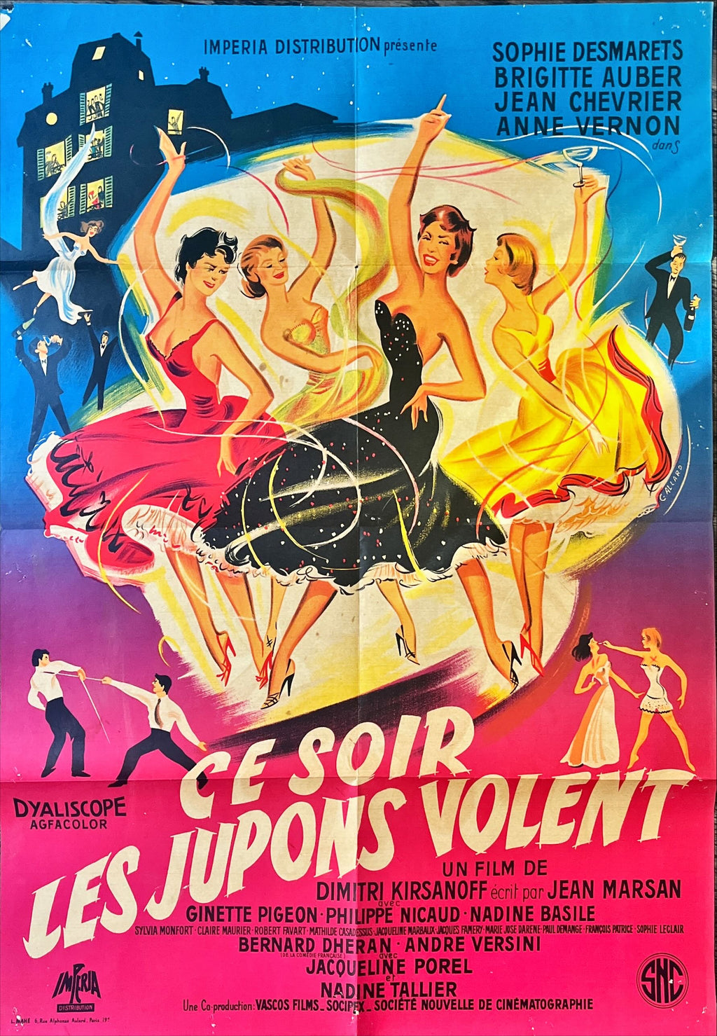 TONIGHT THE SKIRTS FLY Belgian '56 wacky artwork of sexy girls in a lipstick fight!