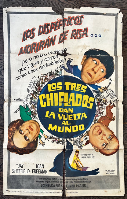 The Three Stooges go around the world, Spanish original movie poster, 1963 wacky art of Moe, Larry & Curly-Joe