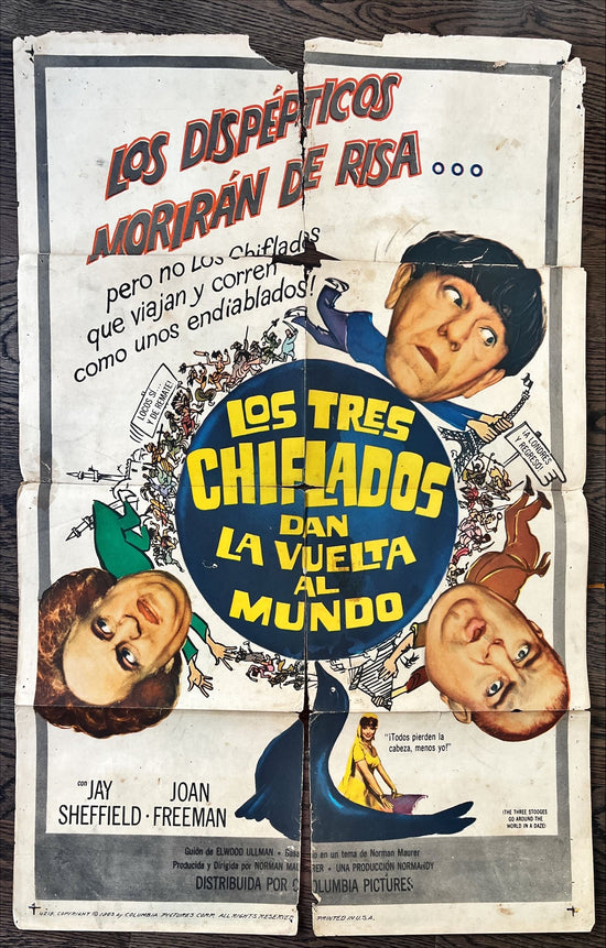 The Three Stooges go around the world, Spanish original movie poster, 1963 wacky art of Moe, Larry & Curly-Joe