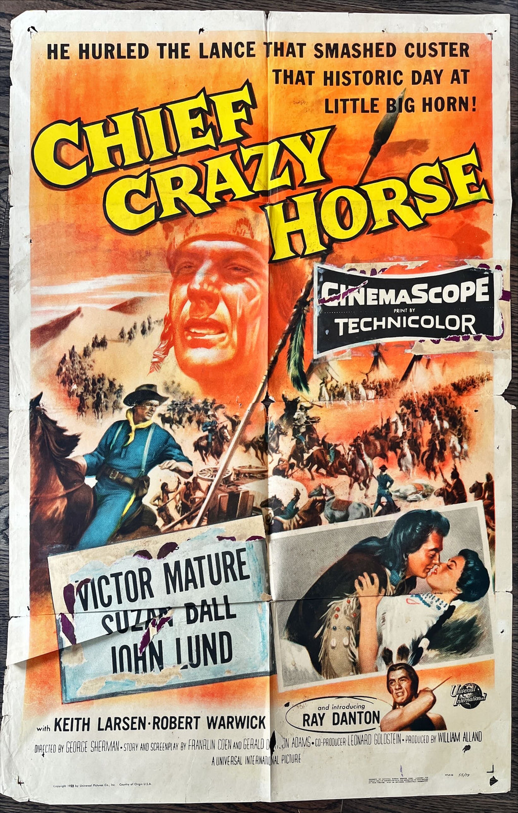 Chief crazy horse, 1sh '55 Native American Indian Victor Mature smashed Custer
