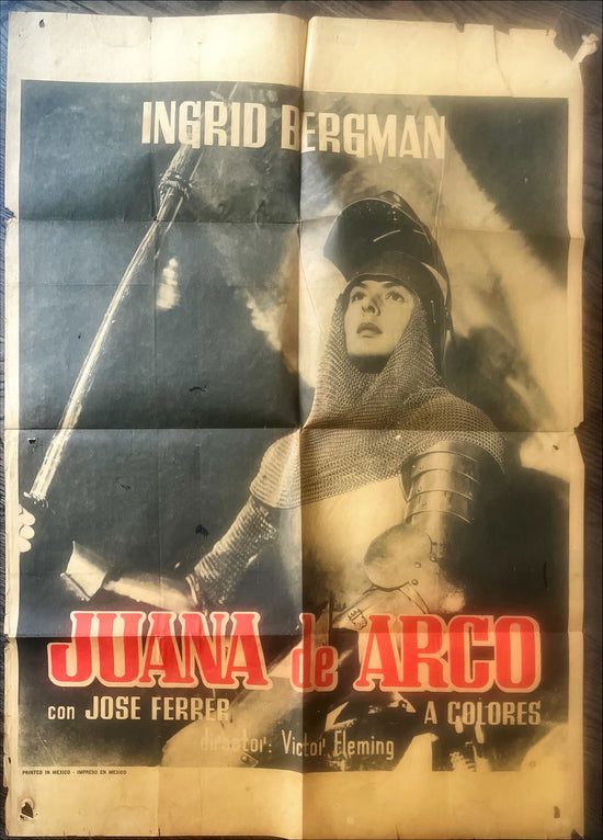 Joan of arc Mexican movie poster, 1948  image of Ingrid Bergman with sword and armor on horseback