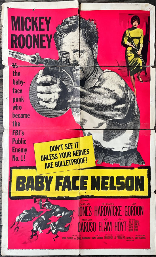 Baby faced Nelson, 1sh 1957 great art of Public Enemy No. 1 Mickey Rooney firing tommy gun