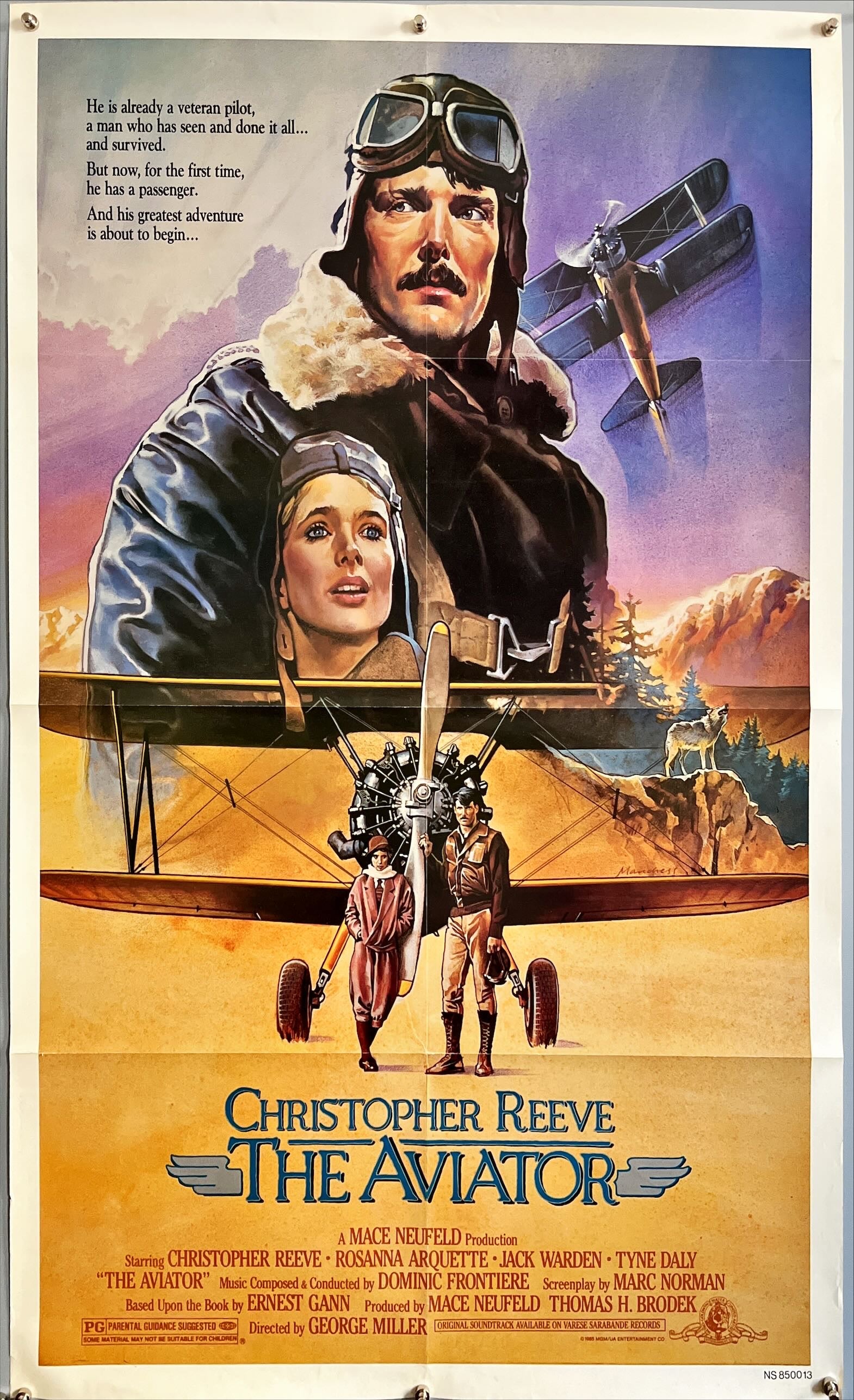 The aviator, 1sh '85 art of airplane pilot Christopher Reeve & Rosanna Arquette by Manchess