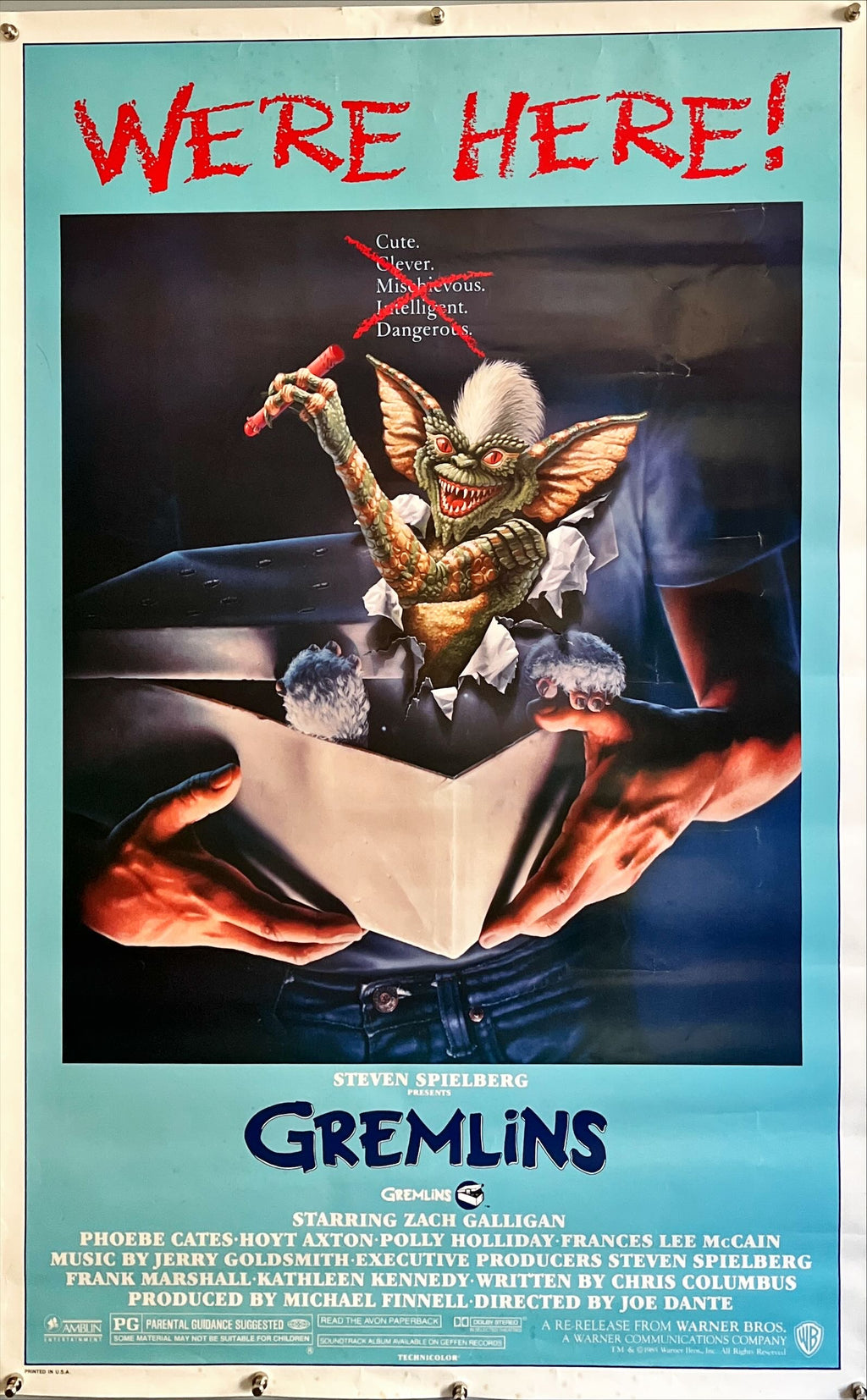 Gremlins, 1sh R1985 mischievous, dangerous, Joe Dante Christmas horror comedy, we're here