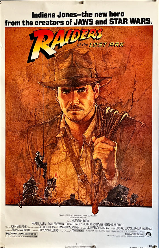 Raiders of the lost Ark, 1sh 1981 great art of adventurer Harrison Ford by Richard Amsel