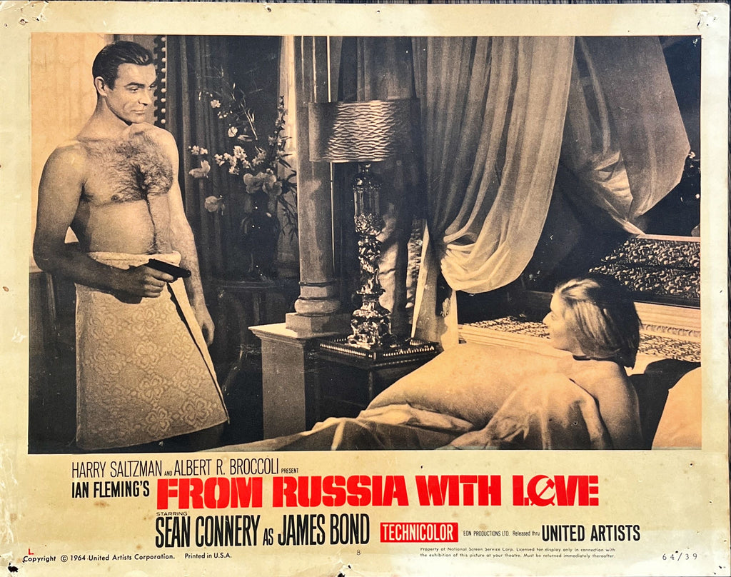 From Russia with love lobby card #8 1964 barechested Sean Connery points gun at sexy Bianchi in bed