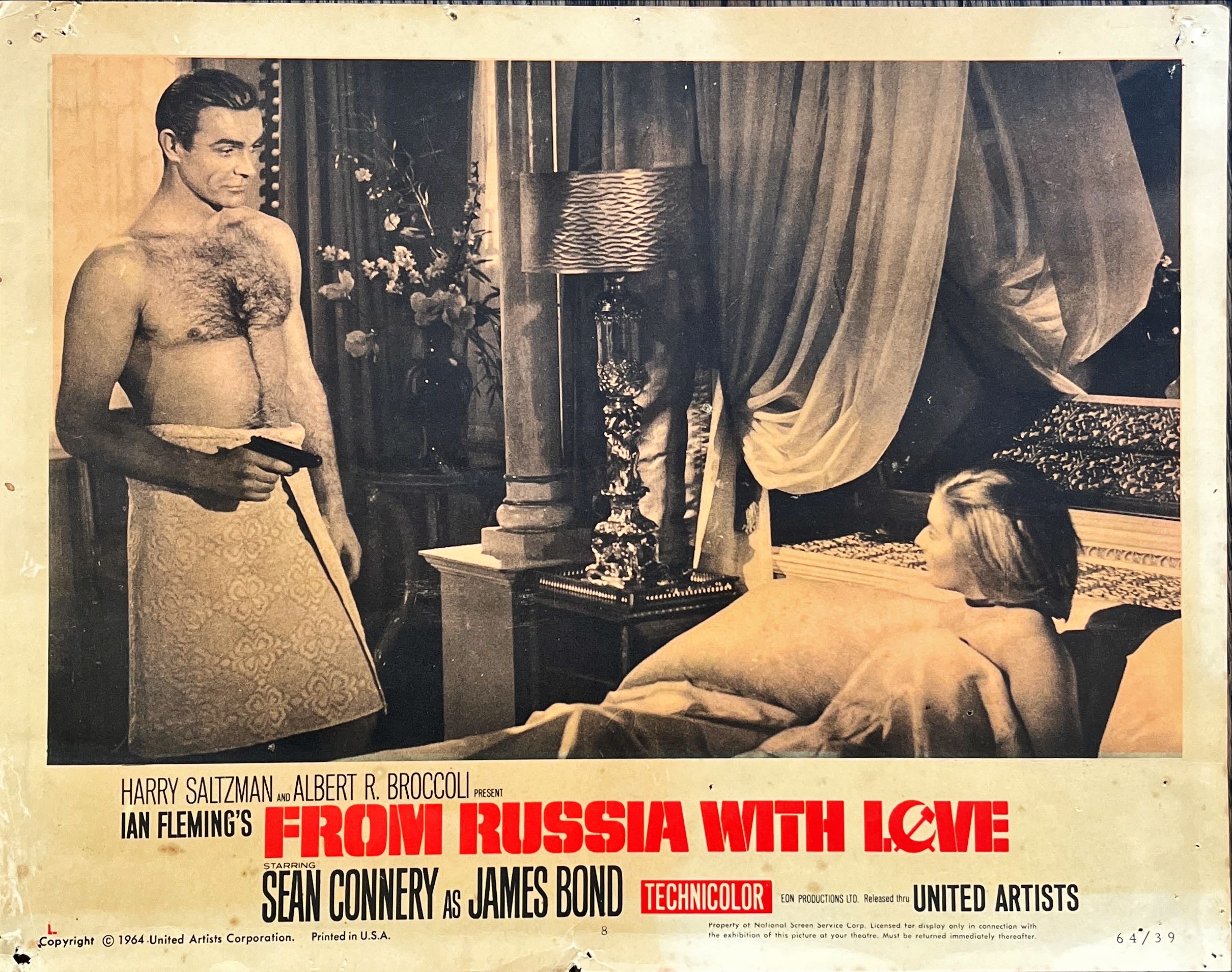 From Russia with love lobby card #8 1964 barechested Sean Connery points gun at sexy Bianchi in bed