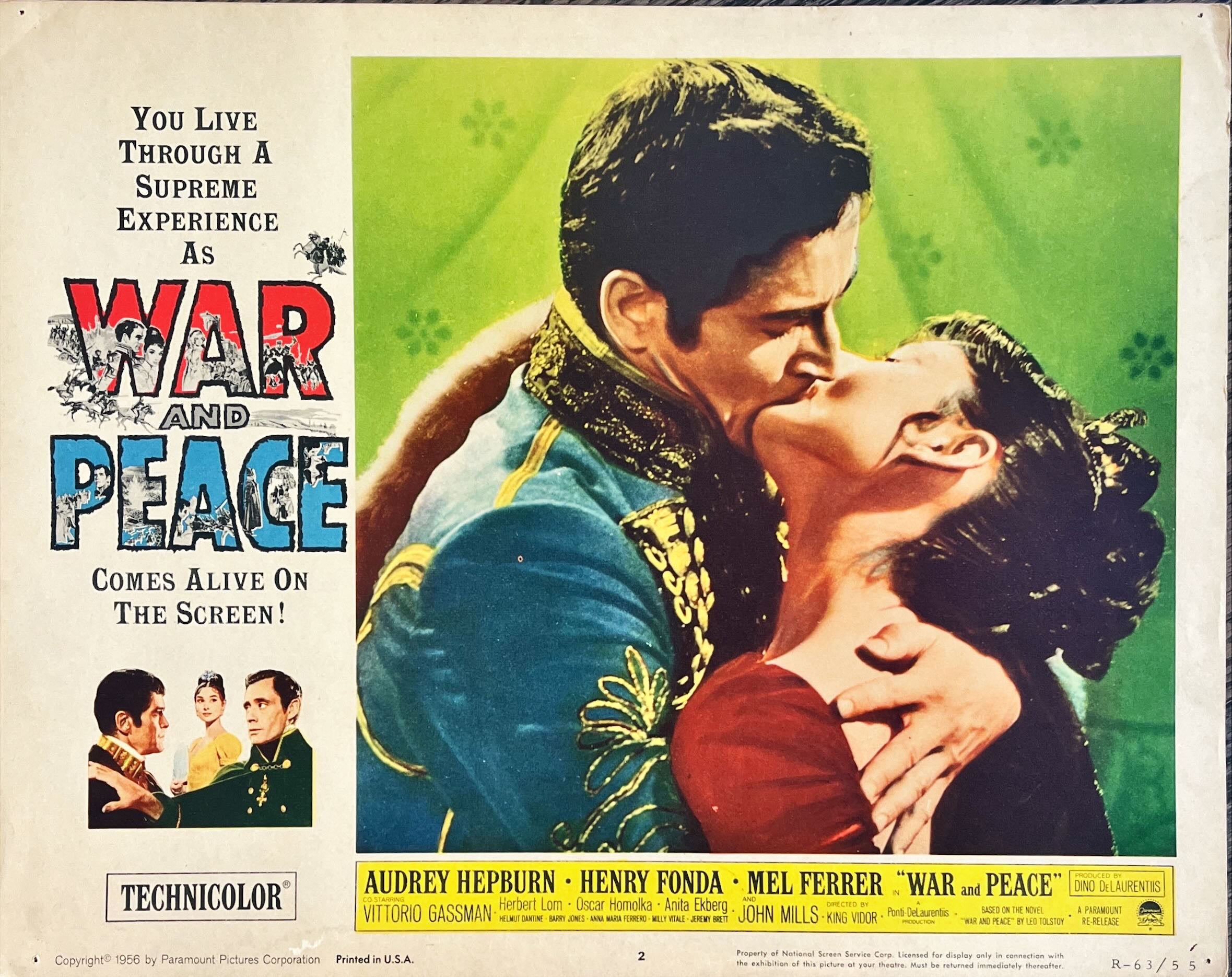 War and peace, LC #2 R1963 c/u of Audrey Hepburn kissing Vittorio Gassman, Leo Tolstoy epic