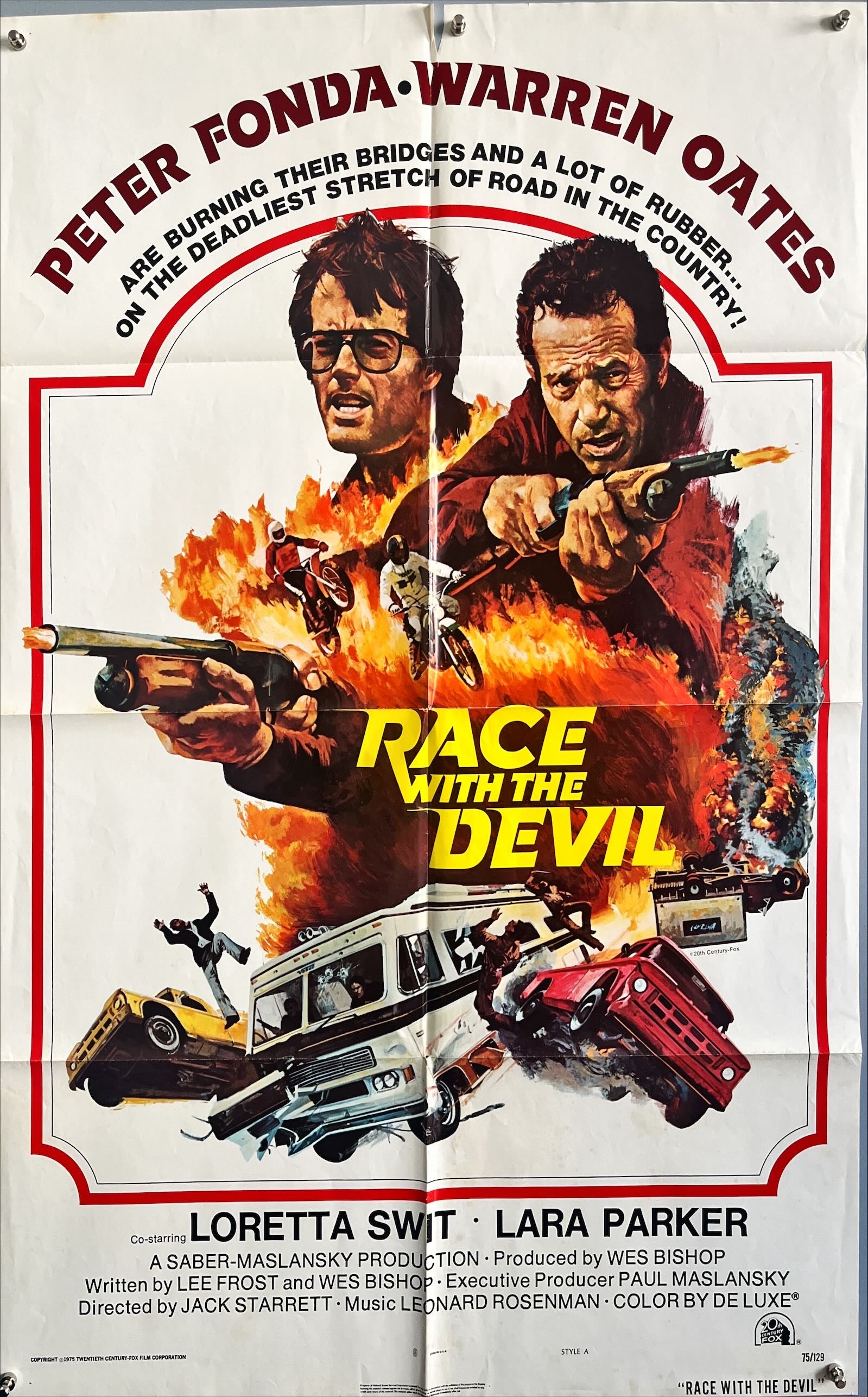 Race with the devil , int'l style A 1sh 1975 Peter Fonda & Oates are burning bridges & rubber