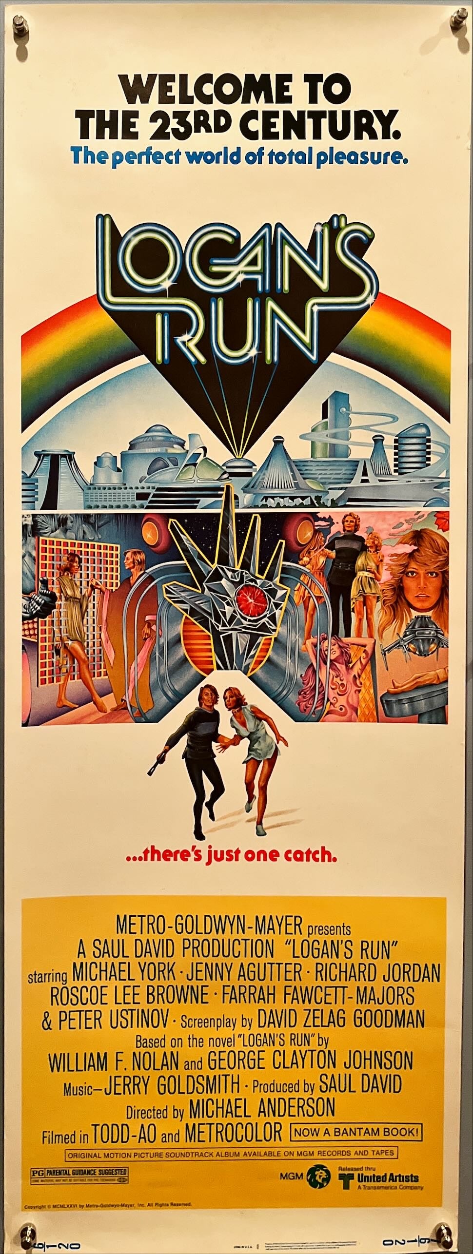 Logan‘s run, insert 1976 art of Michael York & Jenny Agutter running away by Charles Moll